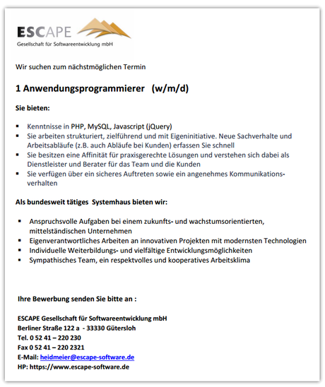 ESCAPE sucht Anwendungsprogrammierer-/ innen,  die uns helfen, diese Anwendung noch weiter nach vorne zu bringen. - Mit einem Klick auf das Bild können die Anforderungen eingesehen werden!